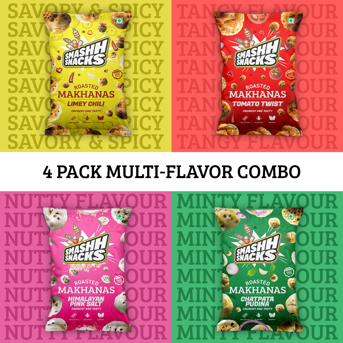 Makhana 4 Variants x 2 Combo- Pack of 8 (20g x 8=160g)