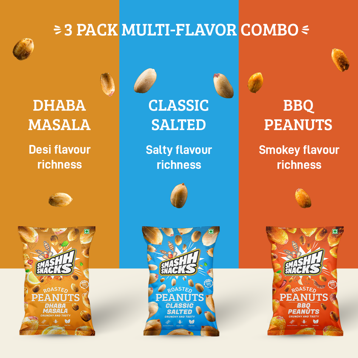 Roasted Peanuts 3 Pack Multi-Flavor Combo- (140g x 3=420g)